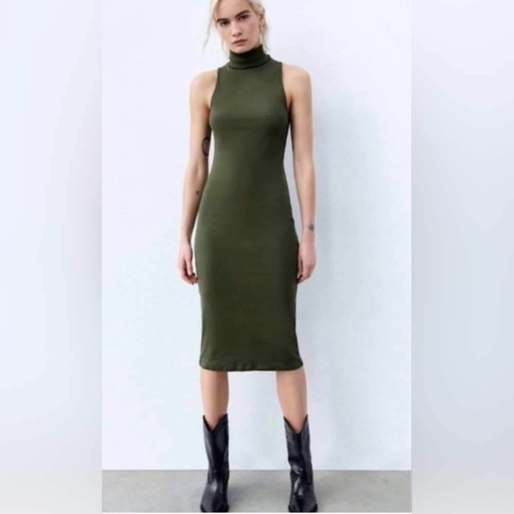 Zara - High neck Sleeveless Bodycon Dress - Olive Green - Size Medium - NWT